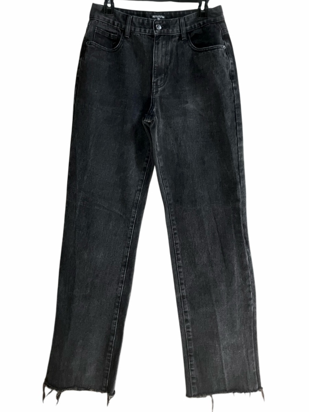Pretty Little Thing Wide Leg Frayed Hem Jeans in Faded Black Womens 8